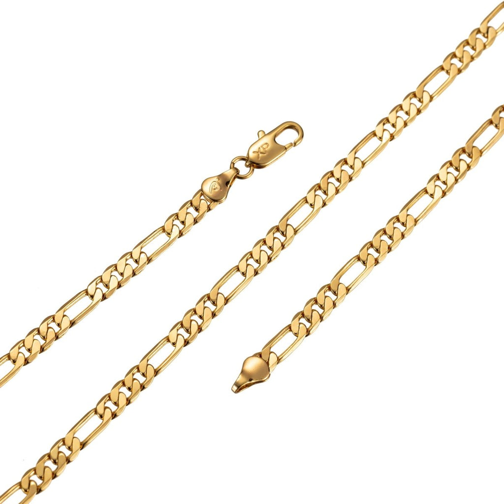 24K Gold plated 5mm Flat Figaro 17.7" Necklace w/ Lobster Clasps | CN-488 Clearance Pricing - DLUXCA