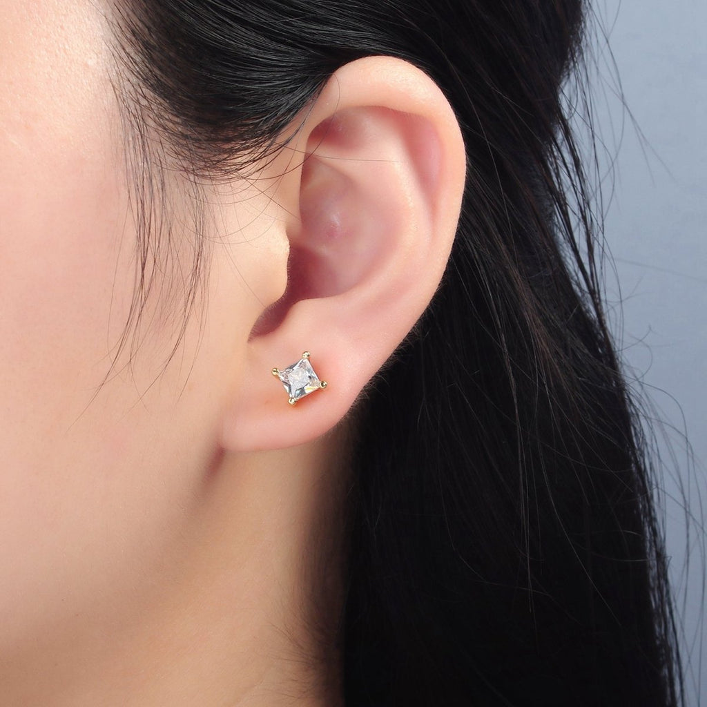 24K Gold plated 6.3mm Clear CZ Square Baguette Stud Earrings | AB1223 - DLUXCA