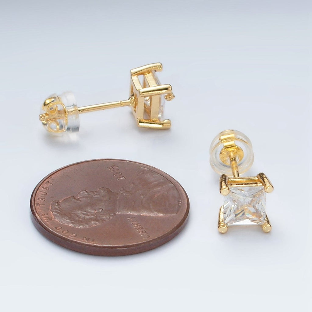 24K Gold plated 6.3mm Clear CZ Square Baguette Stud Earrings | AB1223 - DLUXCA