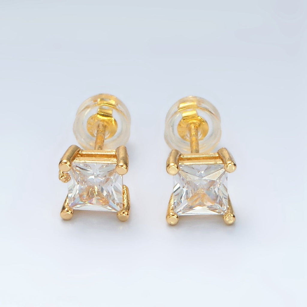 24K Gold plated 6.3mm Clear CZ Square Baguette Stud Earrings | AB1223 - DLUXCA