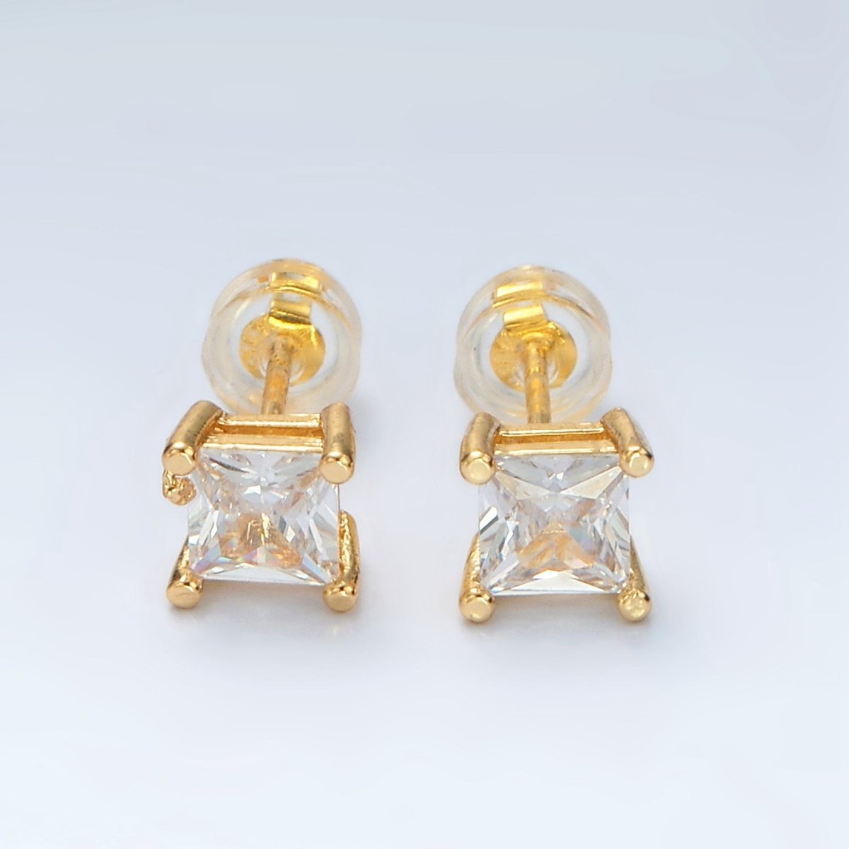 24K Gold plated 6.3mm Clear CZ Square Baguette Stud Earrings | AB1223 - DLUXCA
