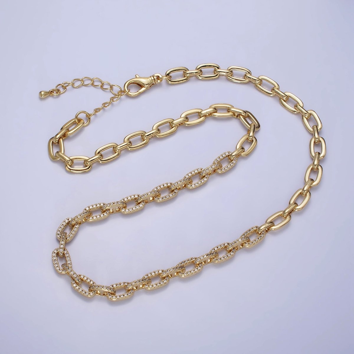 24K Gold plated 6.5mm Half Micro Paved CZ Paperclip 17 Inch Chain Necklace in Gold & Silver | WA-1674 WA-1675 Clearance Pricing
