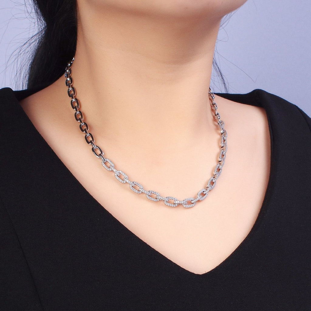 24K Gold plated 6.5mm Half Micro Paved CZ Paperclip 17 Inch Chain Necklace in Gold & Silver | WA-1674 WA-1675 Clearance Pricing