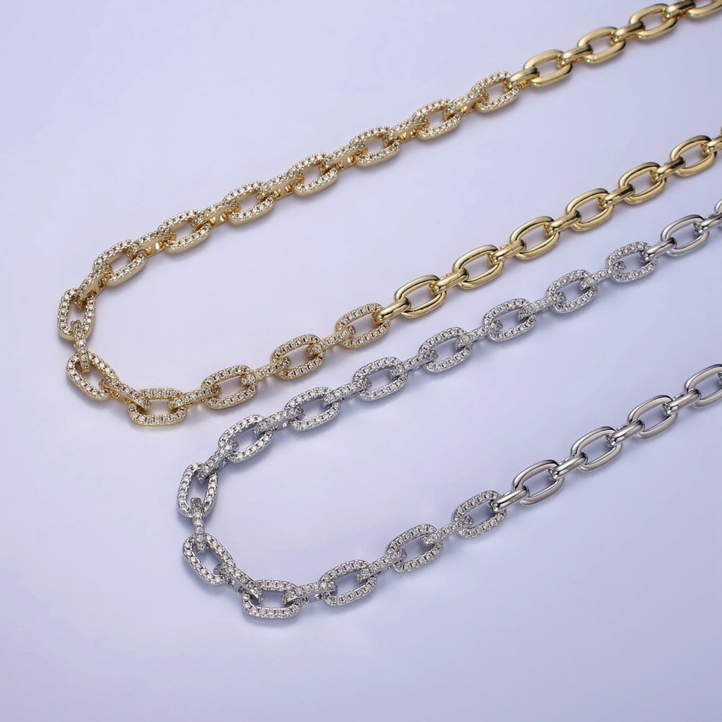 24K Gold plated 6.5mm Half Micro Paved CZ Paperclip 17 Inch Chain Necklace in Gold & Silver | WA-1674 WA-1675 Clearance Pricing
