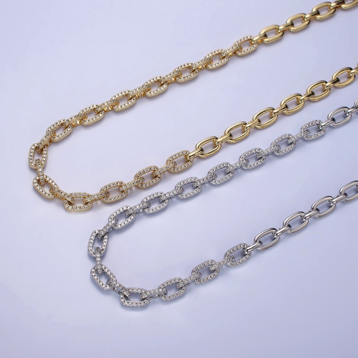 24K Gold plated 6.5mm Half Micro Paved CZ Paperclip 17 Inch Chain Necklace in Gold & Silver | WA-1674 WA-1675 Clearance Pricing