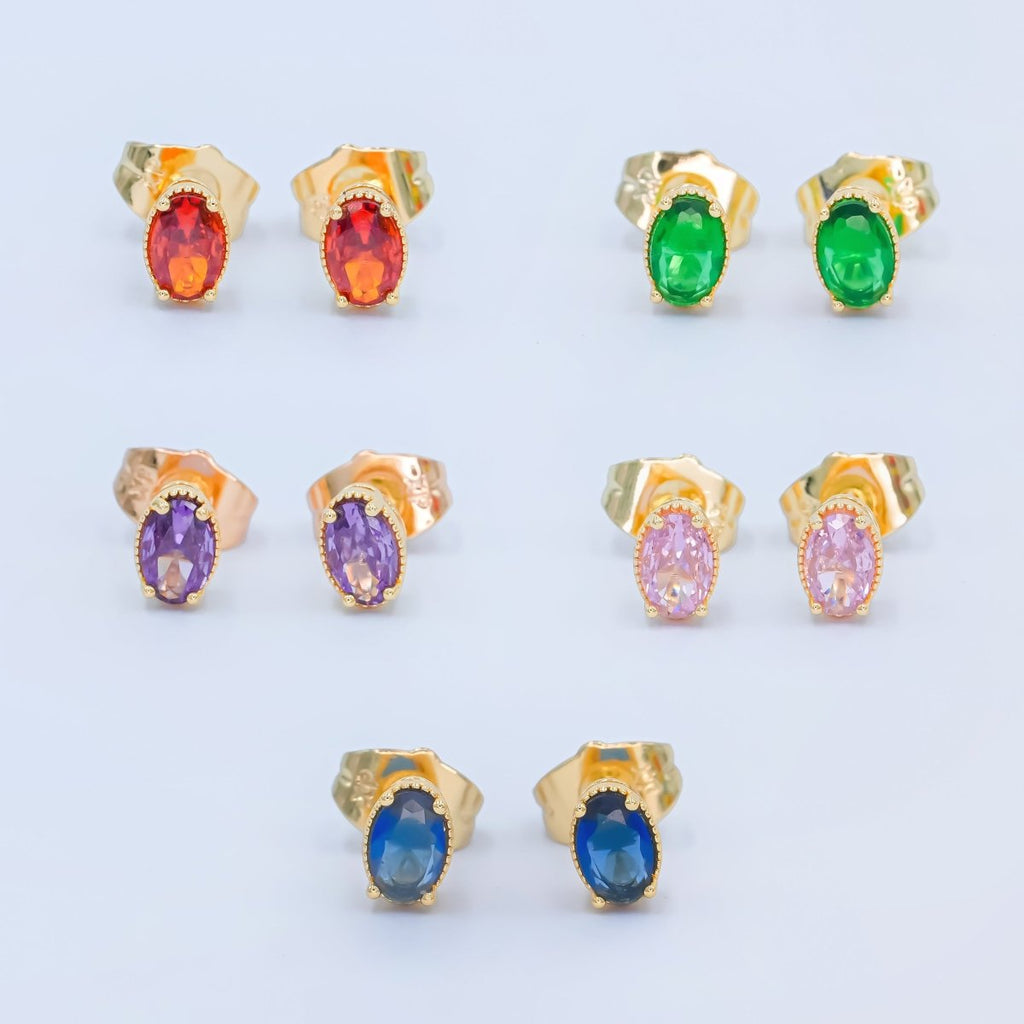 24K Gold plated 6.8mm Oval CZ Stud Earrings | AB1001 - AB1005 - DLUXCA