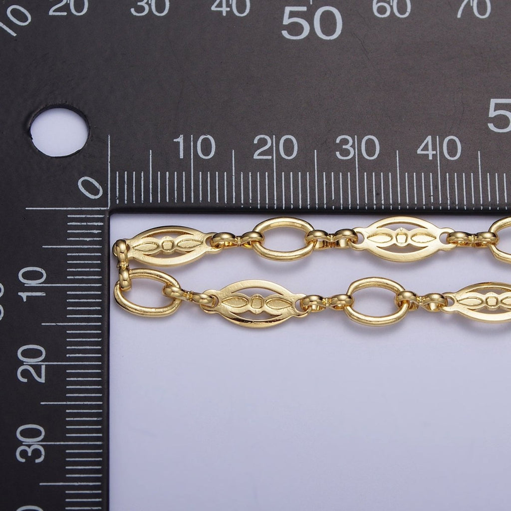24K Gold plated 6mm Cable Designed Outline Connector Unfinished Chain Bulk by Yard | ROLL-851 Clearance Pricing - DLUXCA