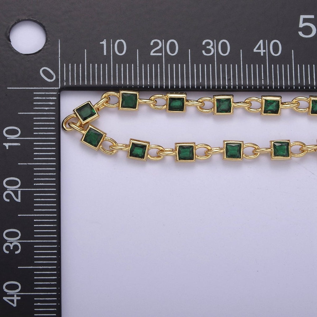24K Gold plated 6mm Clear Rectangle Cut Bezel Chain by Yard, Station Necklace CZ Diamond by Foot for Necklace Bracelet Jewelry Making | ROLL-777 Clearance Pricing - DLUXCA