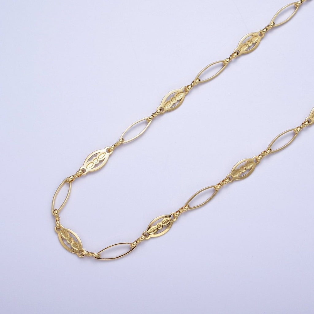 24K Gold plated 6mm Designed Sharp Oval Outline Bulk Jewelry Making Unfinished Chain by Yard | ROLL-847 Clearance Pricing - DLUXCA
