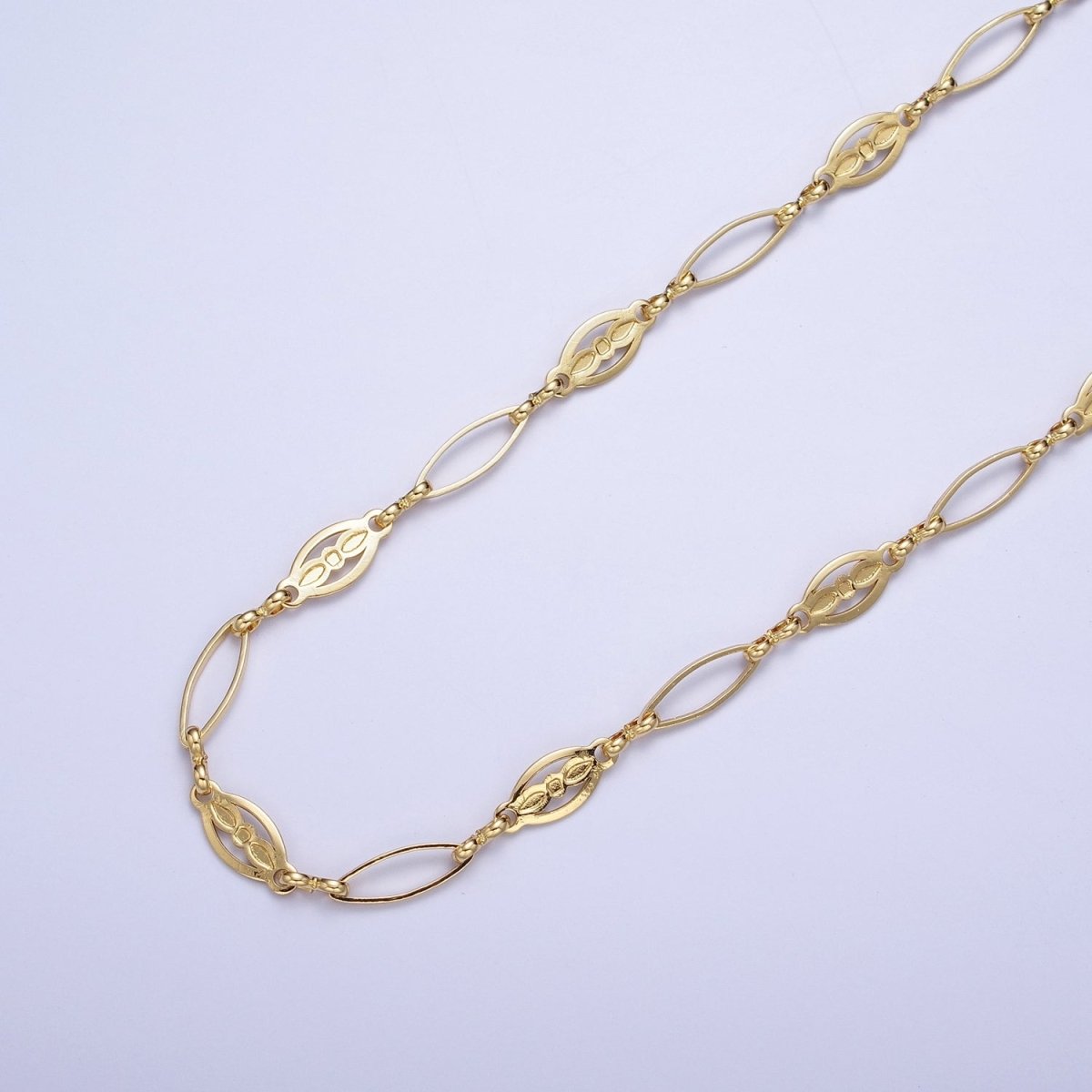 24K Gold plated 6mm Designed Sharp Oval Outline Bulk Jewelry Making Unfinished Chain by Yard | ROLL-847 Clearance Pricing - DLUXCA