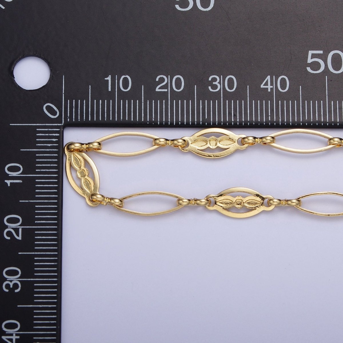 24K Gold plated 6mm Designed Sharp Oval Outline Bulk Jewelry Making Unfinished Chain by Yard | ROLL-847 Clearance Pricing - DLUXCA