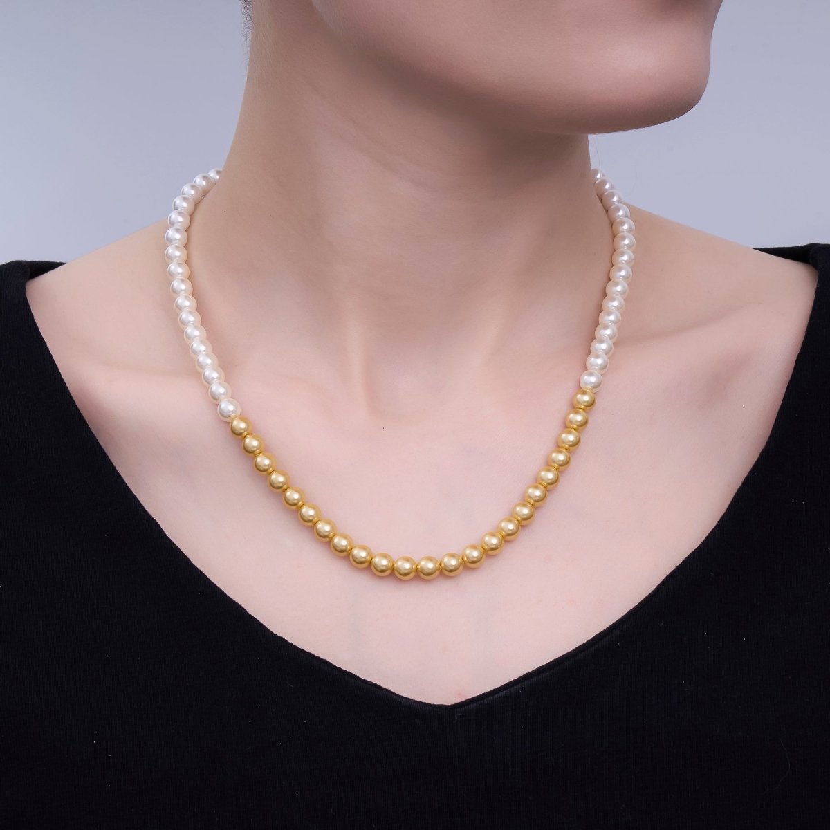 24K Gold plated 6mm Gradient White - Yellow Shell Pearl 17 Inch Necklace | WA - 2820 