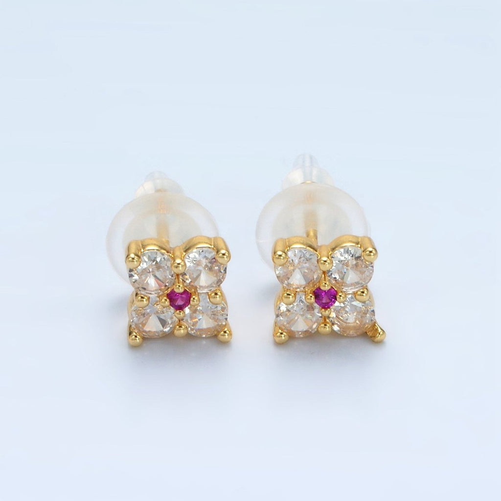 24K Gold plated 8mm Fuchsia Clear CZ Flower Petal Stud Earrings | T283 - DLUXCA