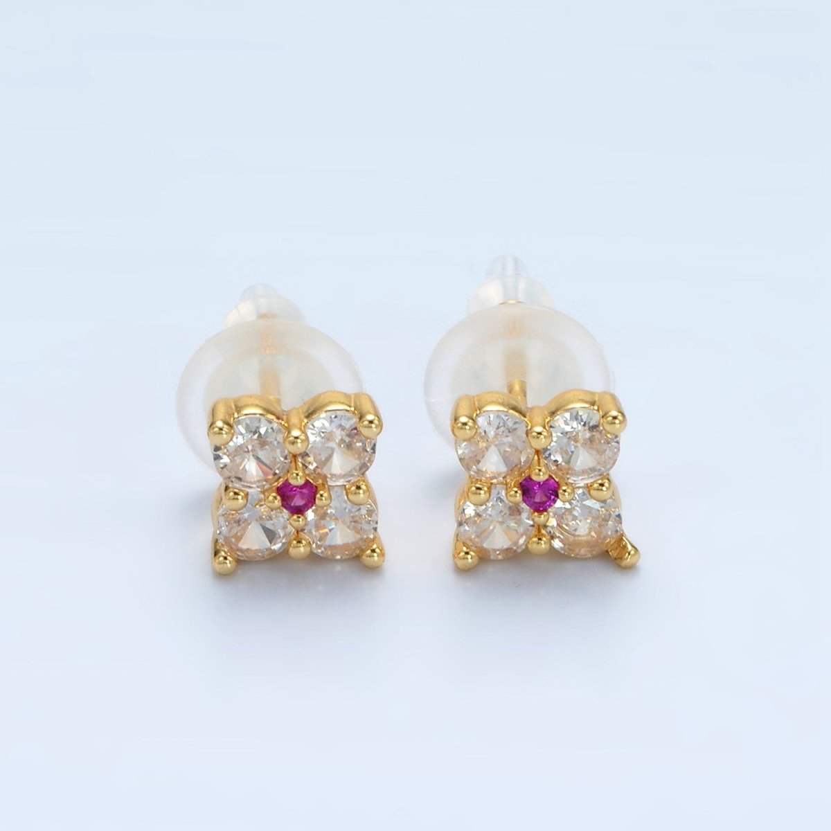 24K Gold plated 8mm Fuchsia Clear CZ Flower Petal Stud Earrings | T283 - DLUXCA