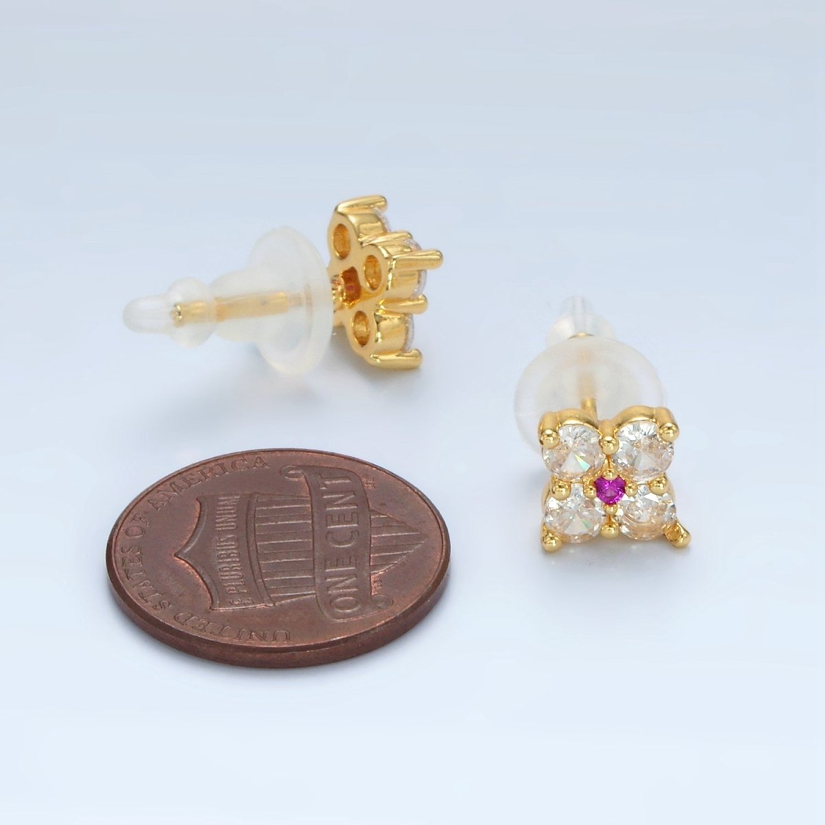 24K Gold plated 8mm Fuchsia Clear CZ Flower Petal Stud Earrings | T283 - DLUXCA