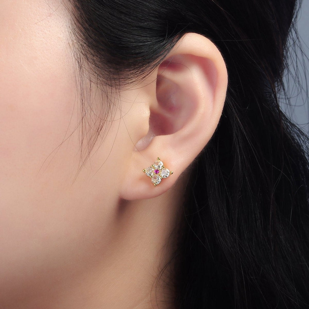 24K Gold plated 8mm Fuchsia Clear CZ Flower Petal Stud Earrings | T283 - DLUXCA