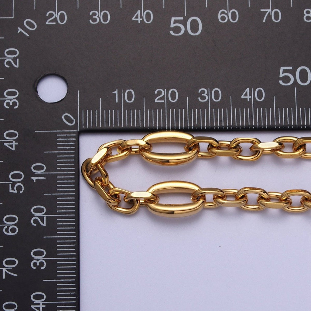 24K Gold plated 9mm Designed Oval Flat Cable Link Gold, Silver Unfinished Chain | ROLL-897, ROLL-898 Clearance Pricing - DLUXCA