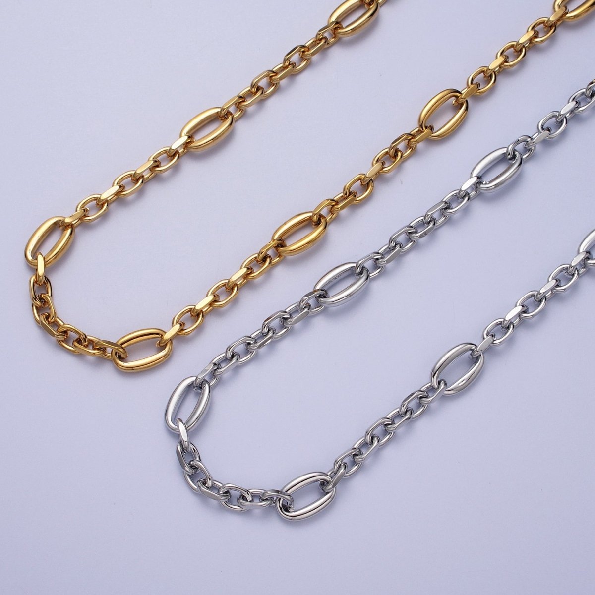 24K Gold plated 9mm Designed Oval Flat Cable Link Gold, Silver Unfinished Chain | ROLL-897, ROLL-898 Clearance Pricing - DLUXCA