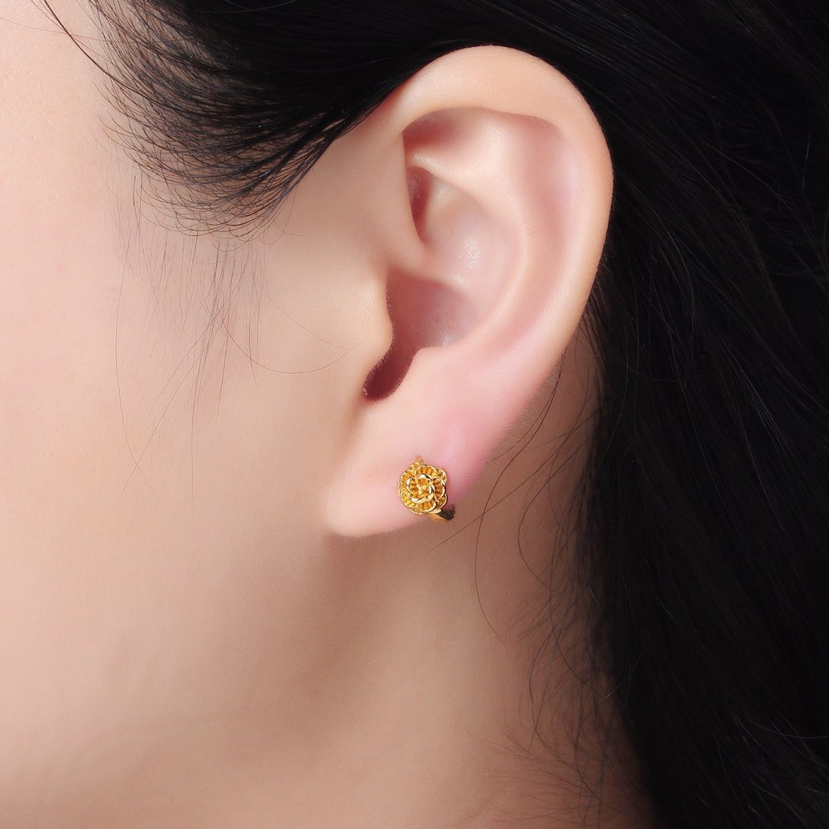 24K Gold plated 9mm Rose Flower Cartilage Huggie Earrings | T213 - DLUXCA