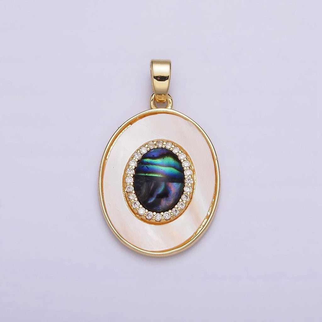 24K Gold plated Abalone Micro Paved CZ Shell Pearl Oval Pendant | AA567 - DLUXCA