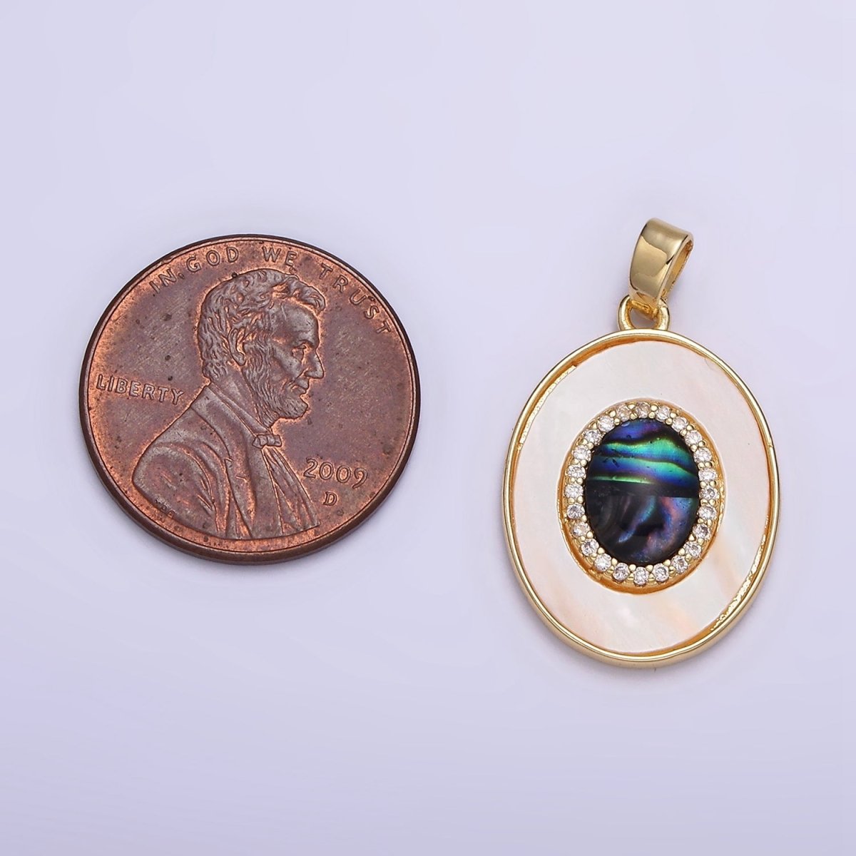 24K Gold plated Abalone Micro Paved CZ Shell Pearl Oval Pendant | AA567 - DLUXCA
