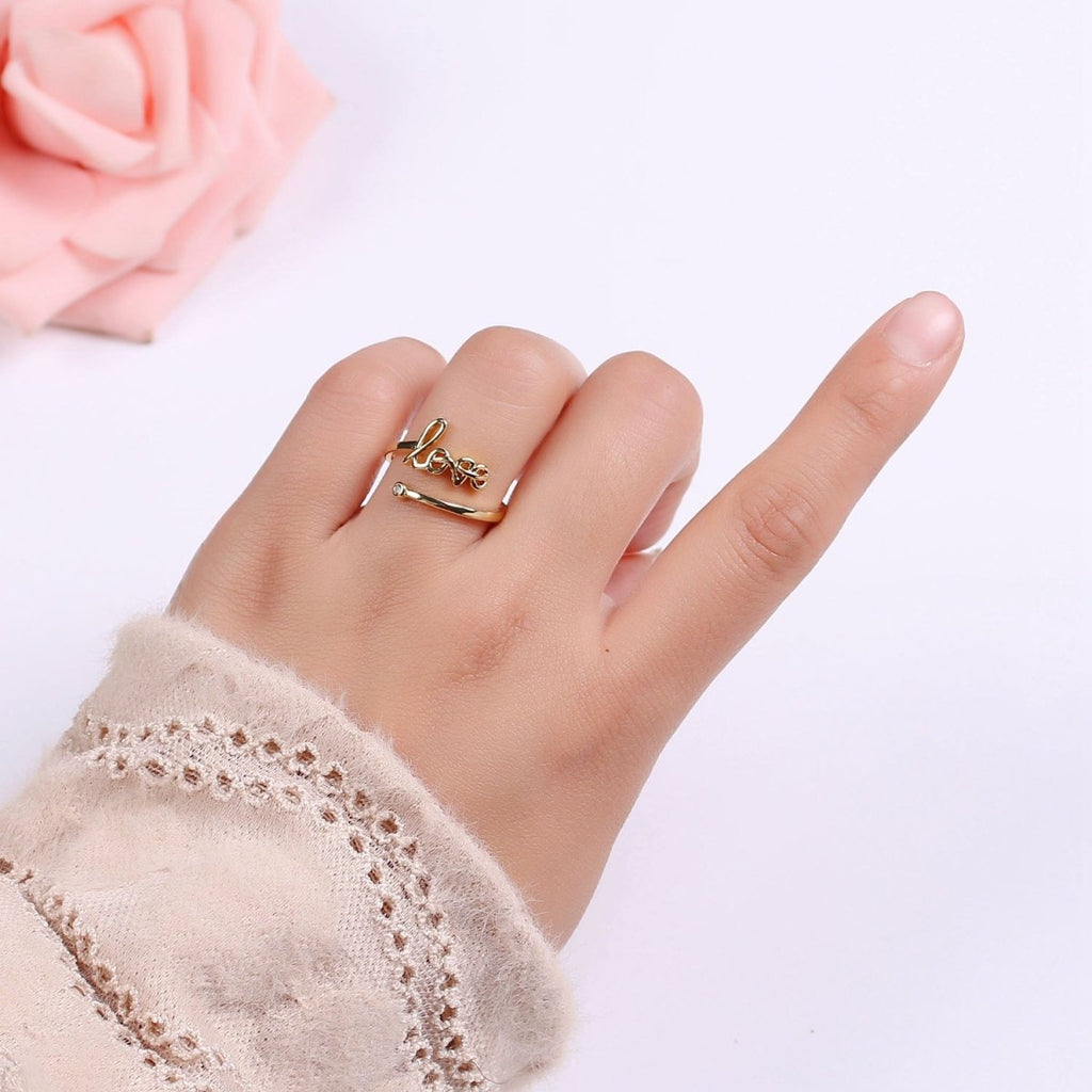 24k Gold plated Adjustable Open Ring Love Ring Word Ring Relationship Gift Promise Ring Trendy For Jewelry Making Supplies - DLUXCA