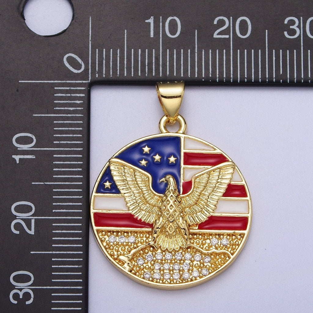 24K Gold plated American Flag Enamel Flying Eagle Micro Paved Round Pendant I-273 - DLUXCA