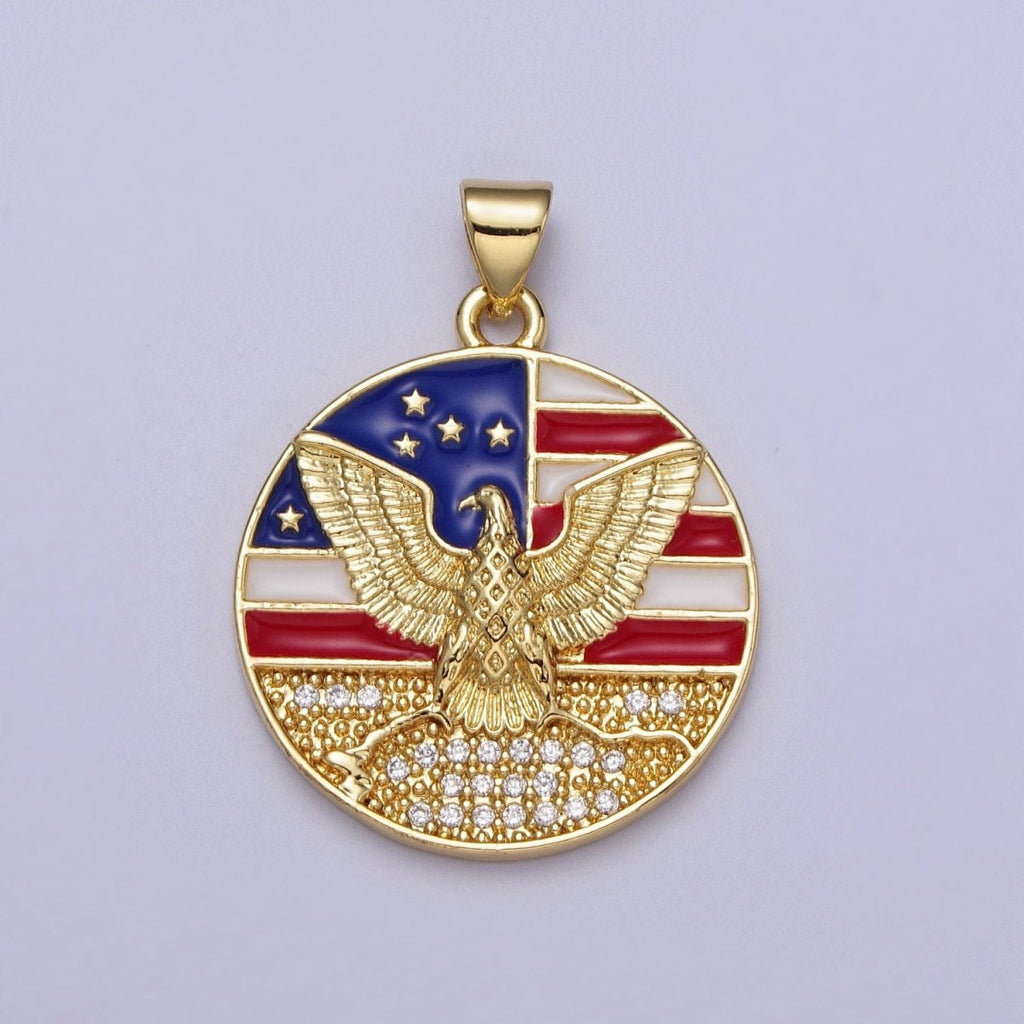 24K Gold plated American Flag Enamel Flying Eagle Micro Paved Round Pendant I-273 - DLUXCA