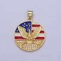 24K Gold plated American Flag Enamel Flying Eagle Micro Paved Round Pendant I-273 - DLUXCA