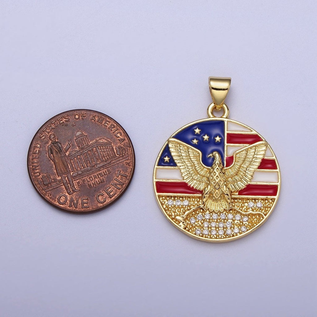 24K Gold plated American Flag Enamel Flying Eagle Micro Paved Round Pendant I-273 - DLUXCA