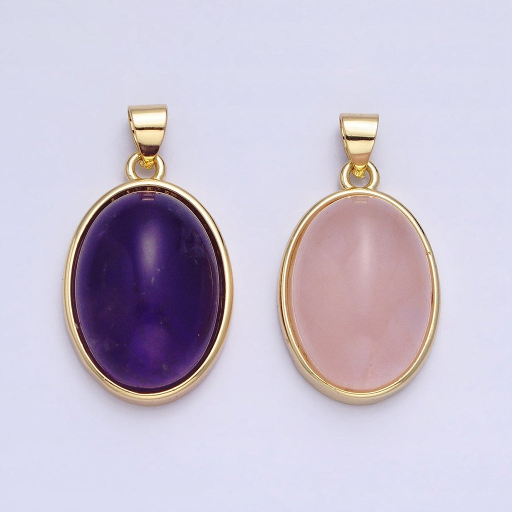 24K Gold plated Amethyst, Rose Quartz Natural Gemstone 27.3mm Cabochon Bezel Oval Pendant | AA327 AA329 - DLUXCA