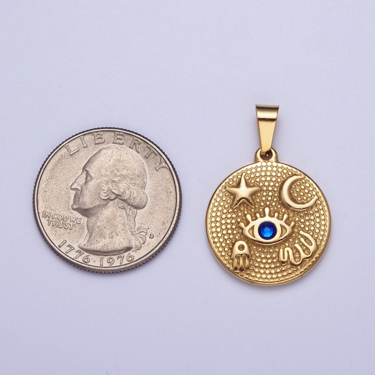 24k Gold plated Amulet Pendant Lucky Coin with Evil Eye Moon Star Hamsa Hand Charm X-651 - DLUXCA