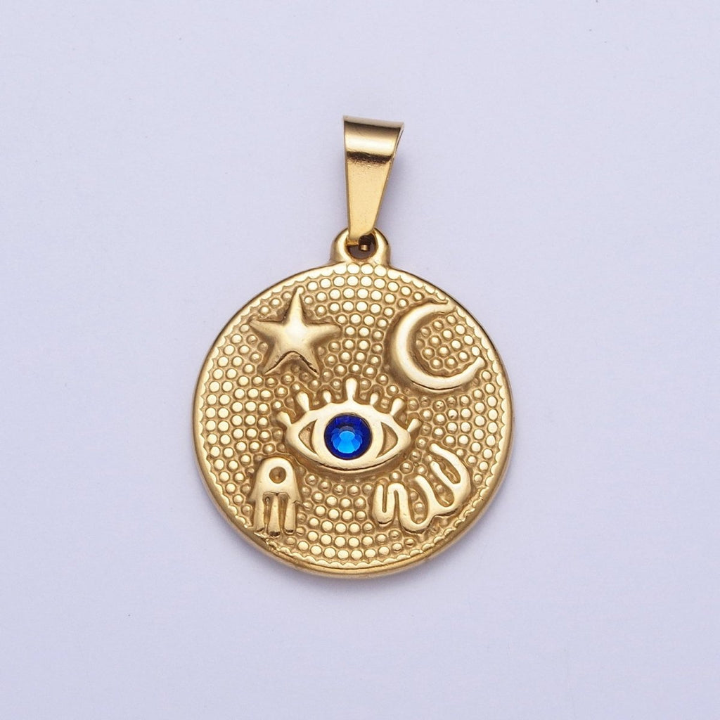 24k Gold plated Amulet Pendant Lucky Coin with Evil Eye Moon Star Hamsa Hand Charm X-651 - DLUXCA