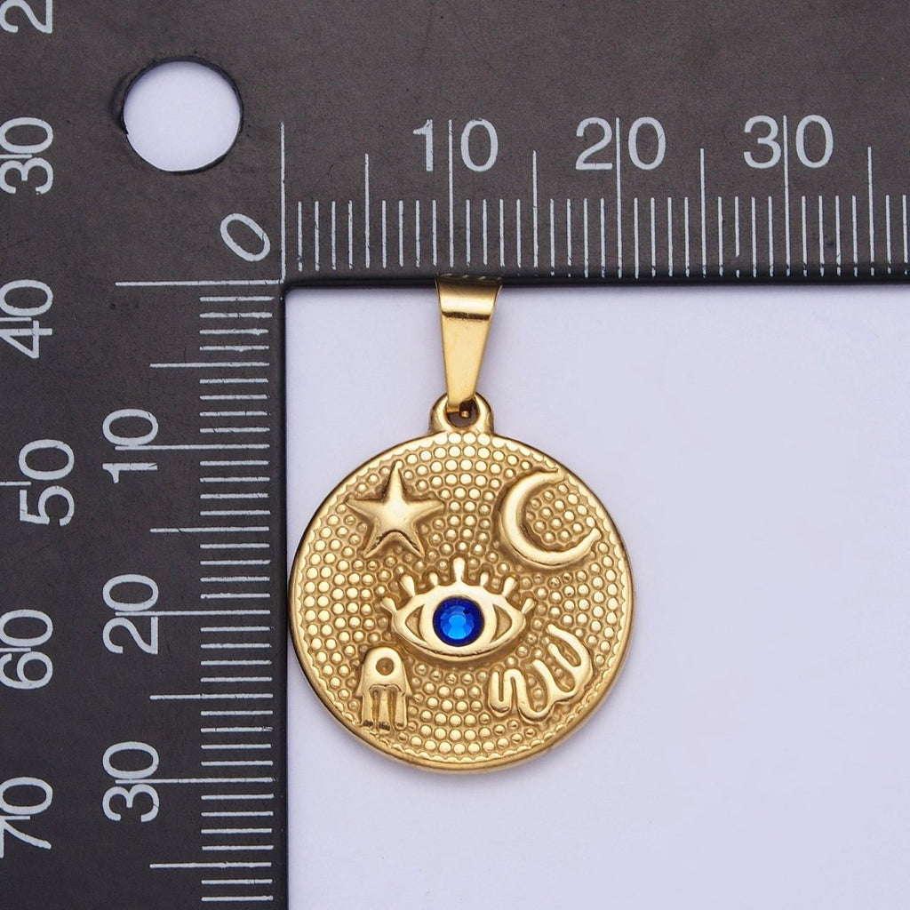 24k Gold plated Amulet Pendant Lucky Coin with Evil Eye Moon Star Hamsa Hand Charm X-651 - DLUXCA