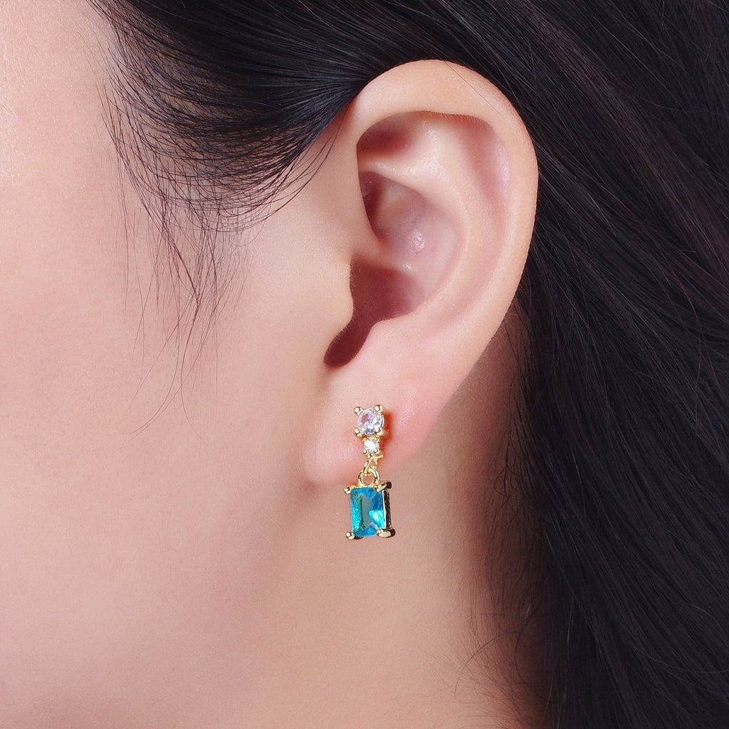 24K Gold plated Aqua Blue Baguette Cubic Zirconia Dangle Drop Stud Earrings | Y-119 - DLUXCA