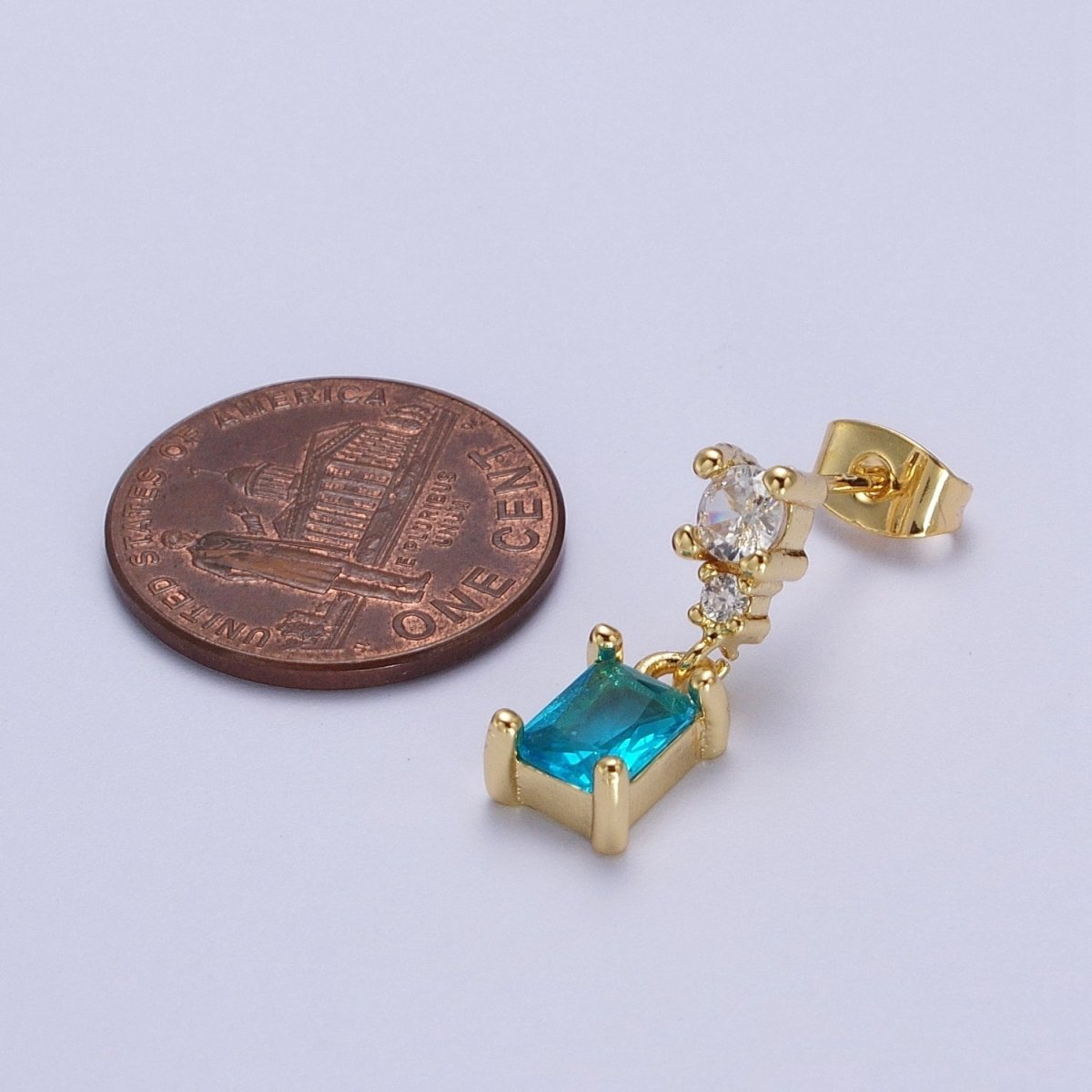 24K Gold plated Aqua Blue Baguette Cubic Zirconia Dangle Drop Stud Earrings | Y-119 - DLUXCA