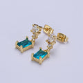 24K Gold plated Aqua Blue Baguette Cubic Zirconia Dangle Drop Stud Earrings | Y-119 - DLUXCA