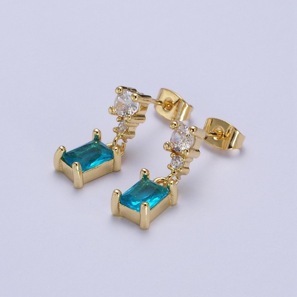 24K Gold plated Aqua Blue Baguette Cubic Zirconia Dangle Drop Stud Earrings | Y-119 - DLUXCA