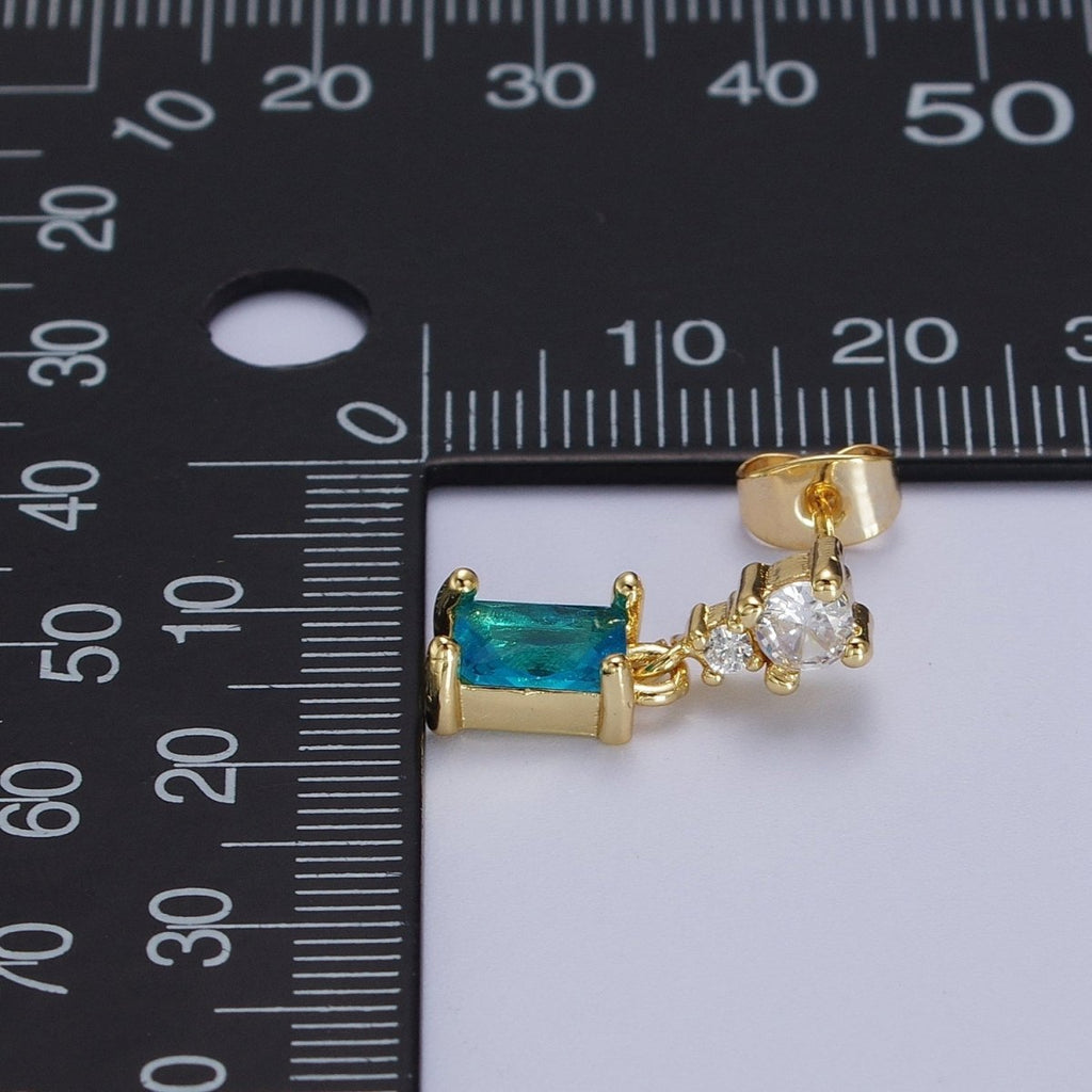 24K Gold plated Aqua Blue Baguette Cubic Zirconia Dangle Drop Stud Earrings | Y-119 - DLUXCA
