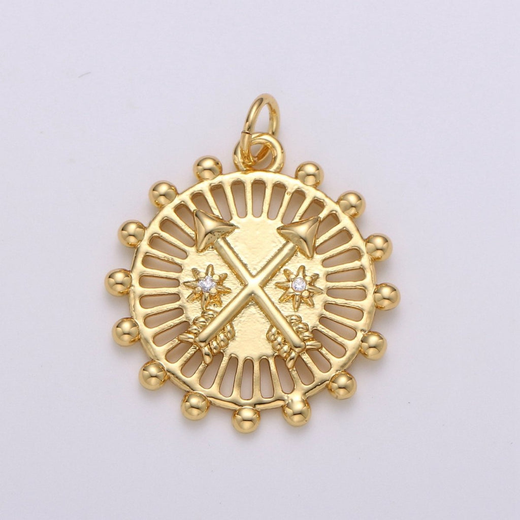 24K Gold plated Arrow Medallion Pendant, Dainty Arrow Medallion Necklace, Gold Geometric Symbol Medallion Necklace Component D-351 - DLUXCA