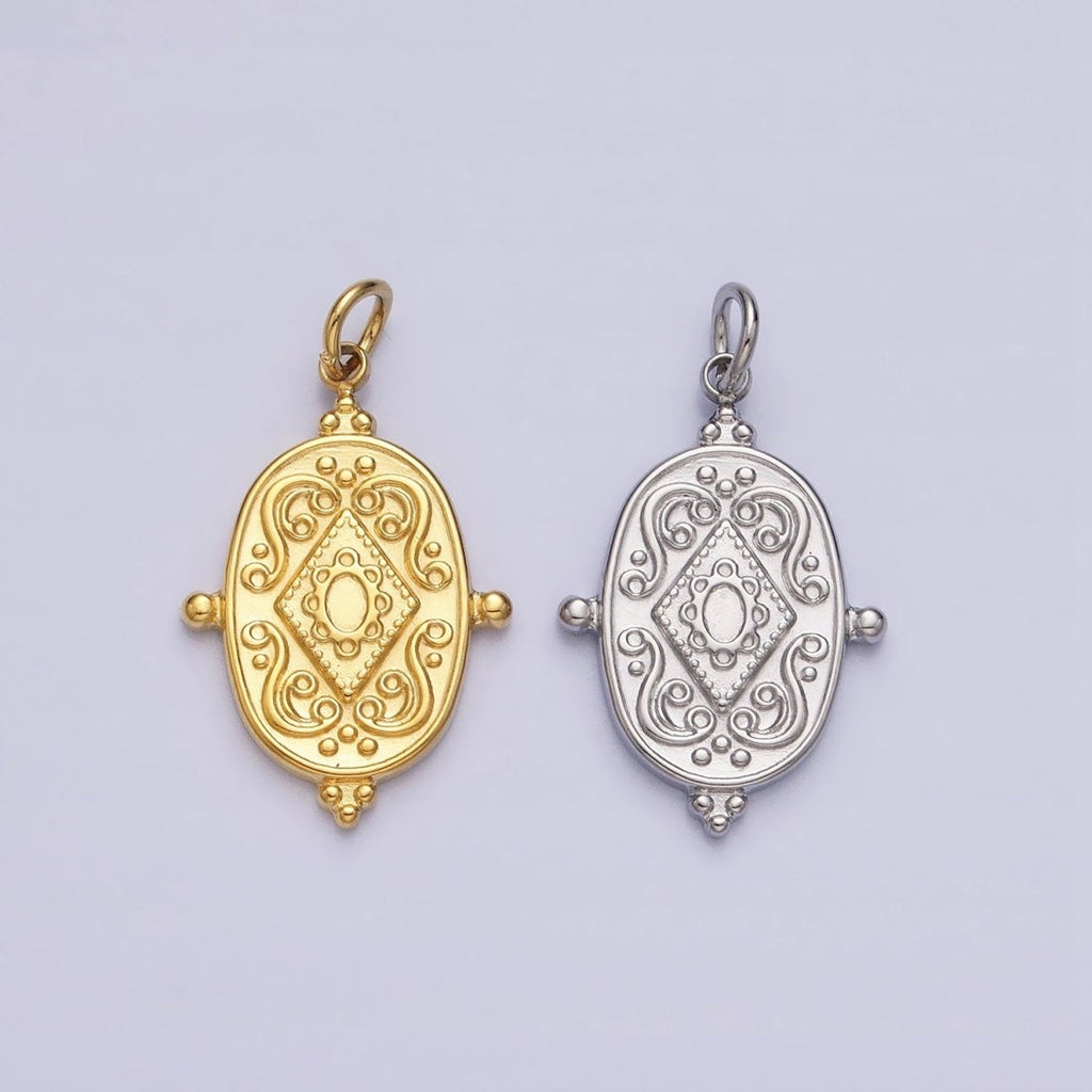 24K Gold plated Artisan Rhombus Geometric Beaded Oval Add-On Charm | AC597 AC598