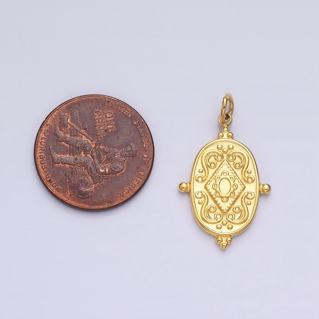 24K Gold plated Artisan Rhombus Geometric Beaded Oval Add-On Charm | AC597 AC598