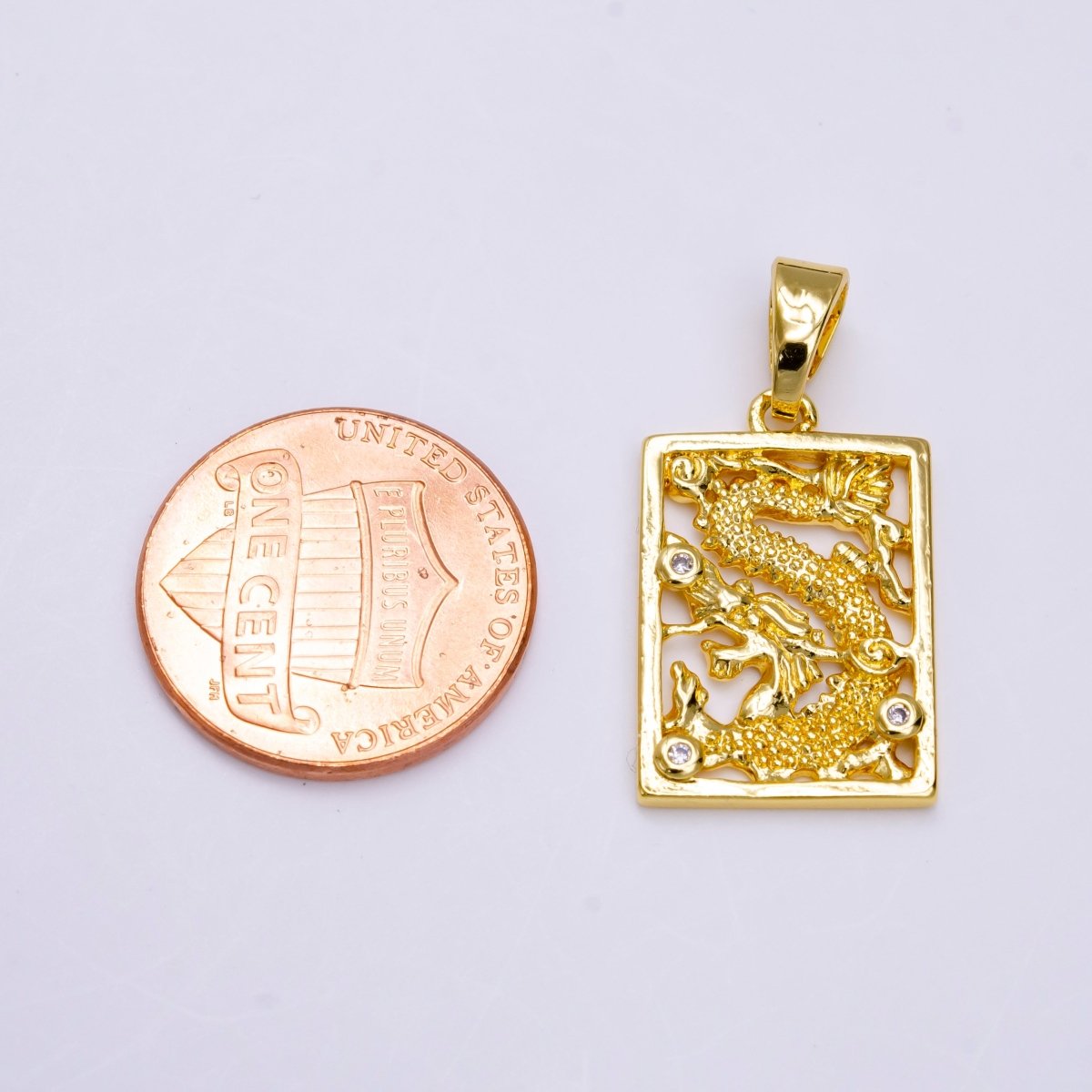 24K Gold plated Asian Dragon Triple Clear CZ Open Rectangular Framed Tag Pendant | AA778 - DLUXCA