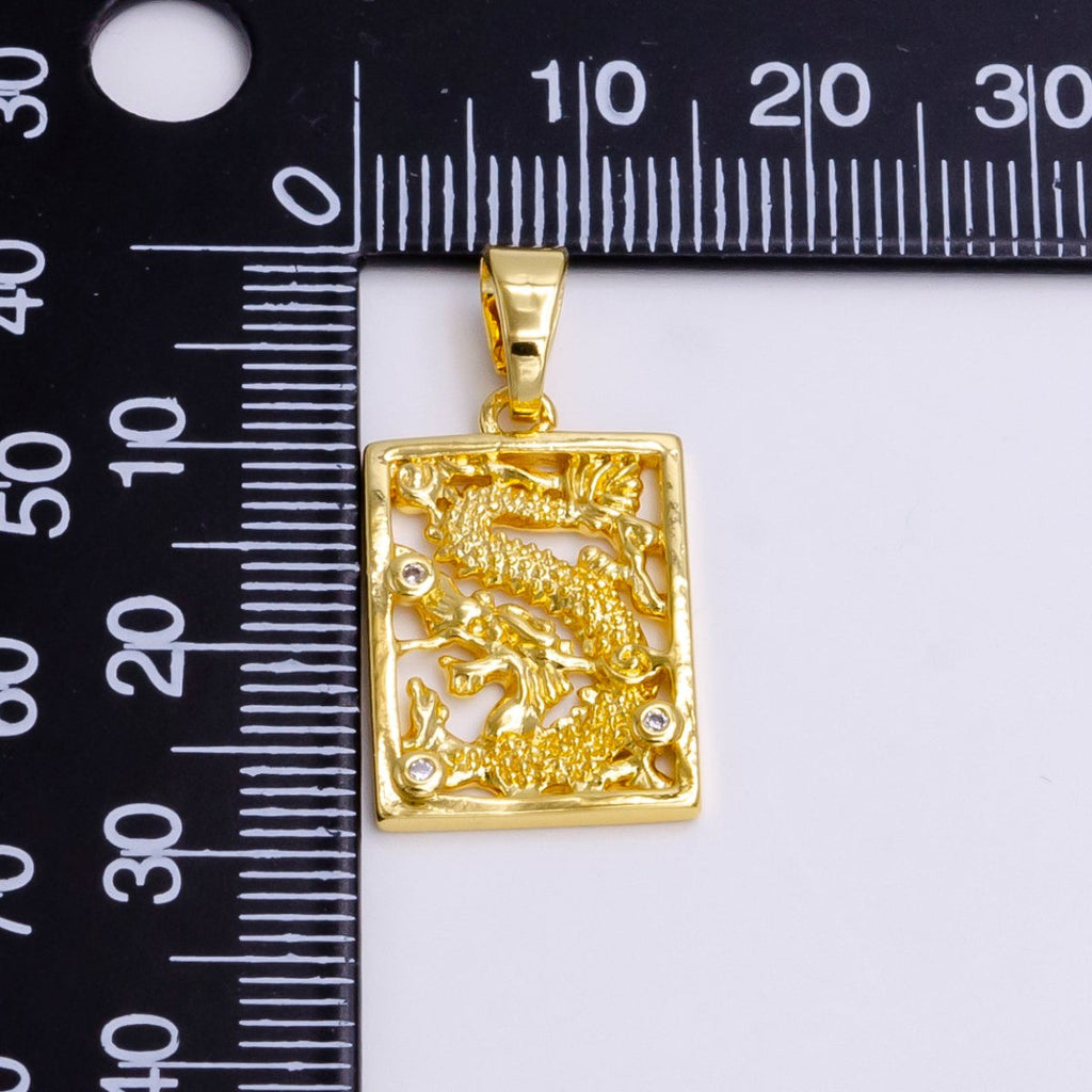 24K Gold plated Asian Dragon Triple Clear CZ Open Rectangular Framed Tag Pendant | AA778 - DLUXCA