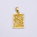 24K Gold plated Asian Dragon Triple Clear CZ Open Rectangular Framed Tag Pendant | AA778 - DLUXCA