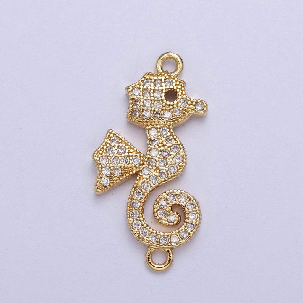 24K Gold plated Baby Seahorse Ocean Wildlife Connector Charm, Micro Pave Cubic Zirconia Sea Animal Component For Jewelry Making G-883 - DLUXCA