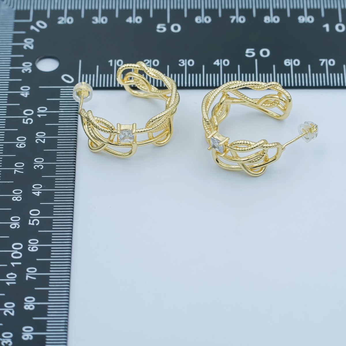 24K Gold plated Baguette Clear CZ Multiple Rope C - Shaped Hoop Earring | AE784 