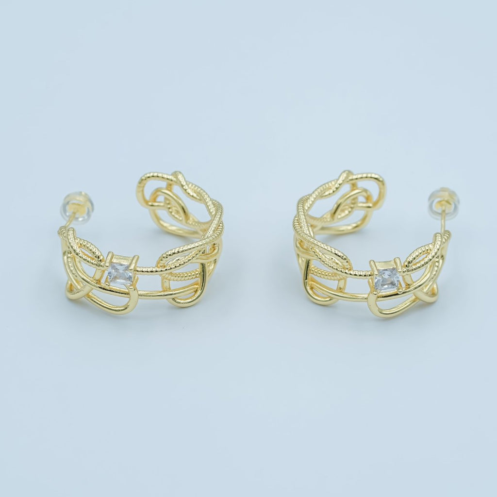 24K Gold plated Baguette Clear CZ Multiple Rope C - Shaped Hoop Earring | AE784 