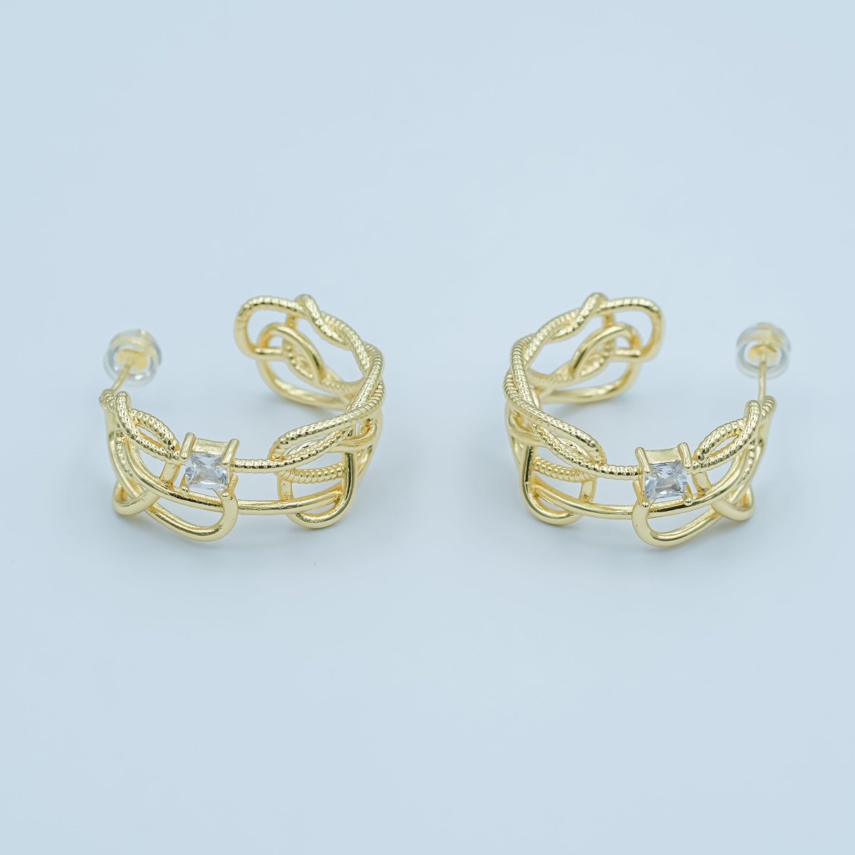 24K Gold plated Baguette Clear CZ Multiple Rope C - Shaped Hoop Earring | AE784 