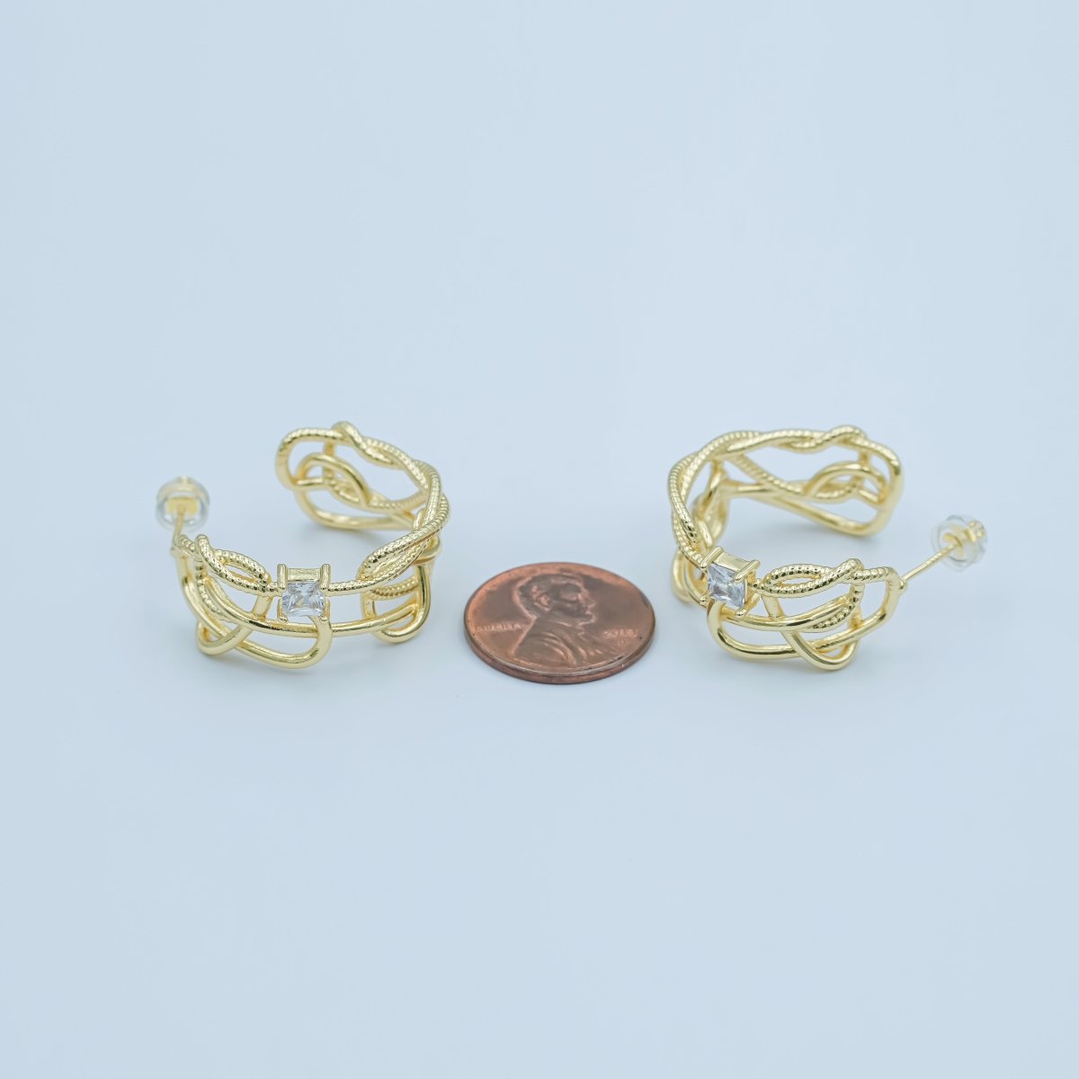 24K Gold plated Baguette Clear CZ Multiple Rope C - Shaped Hoop Earring | AE784 